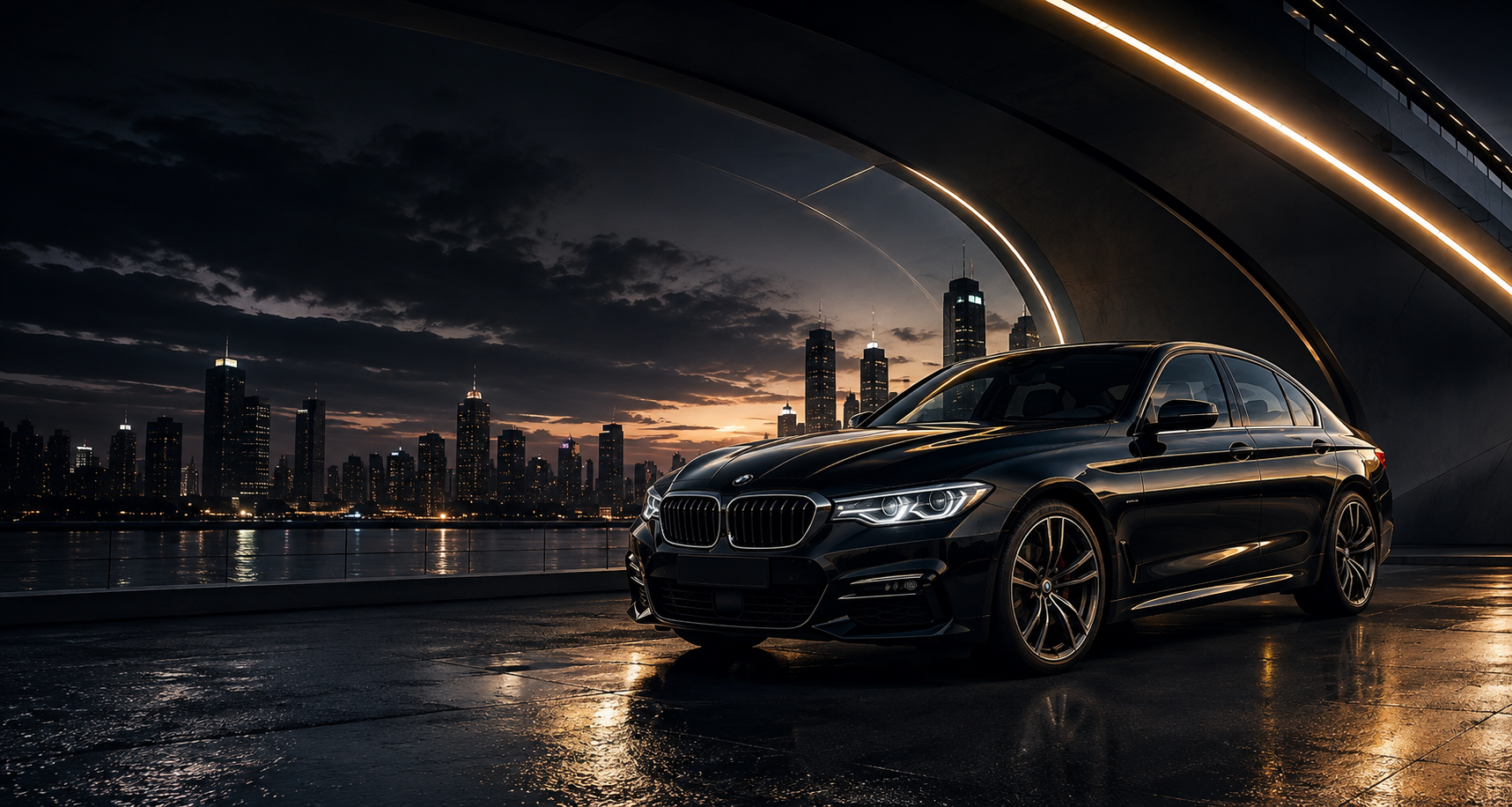 Premium self-drive sedan at dusk with city skyline